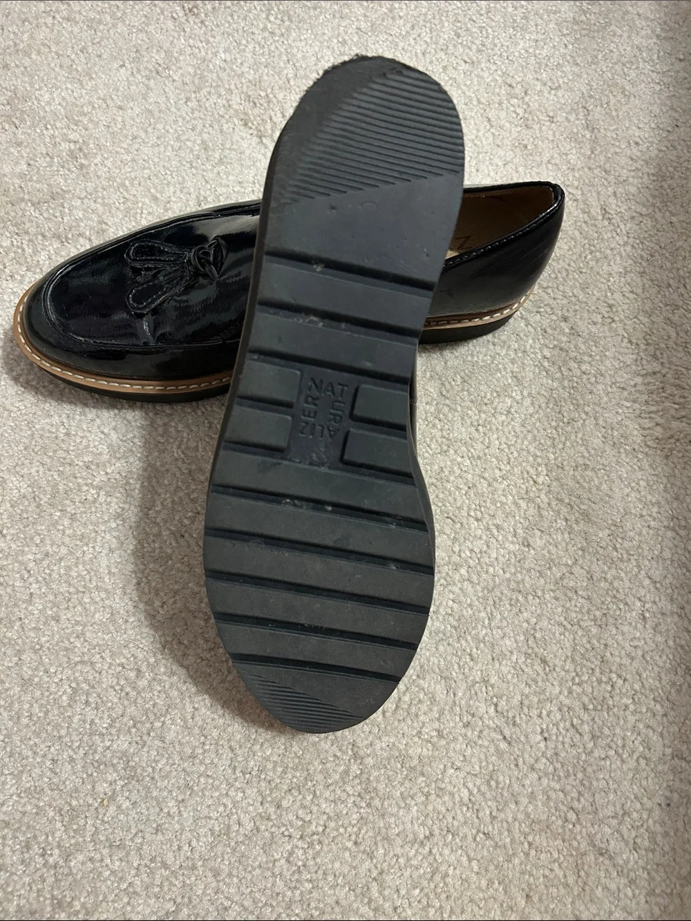 Naturalizer Black Patent Tassel Slip-On Loafers with Tan Trim